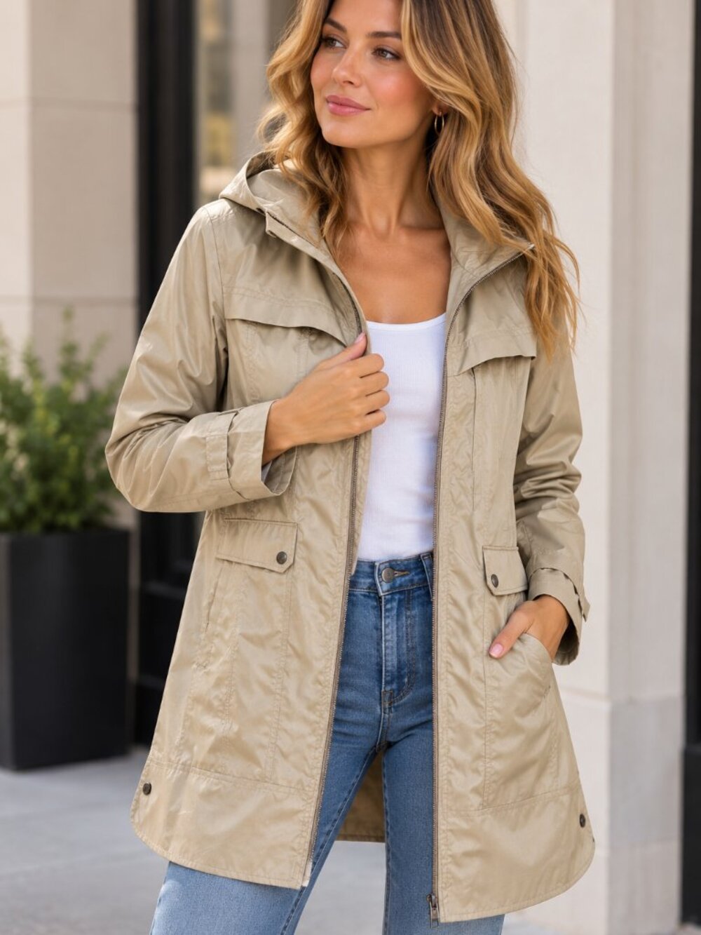 Cole Haan Hooded Beige Raincoat Lightweight Zip Front Jacket Size L